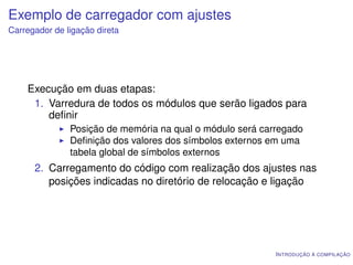 Exemplo de carregador com ajustes
Carregador de ligação direta




    Execução em duas etapas:
     1. Varredura de todos os módulos que serão ligados para
        deﬁnir
               Posição de memória na qual o módulo será carregado
               Deﬁnição dos valores dos símbolos externos em uma
               tabela global de símbolos externos
      2. Carregamento do código com realização dos ajustes nas
         posições indicadas no diretório de relocação e ligação




                                                           I NTRODUÇÃO À COMPILAÇÃO
 