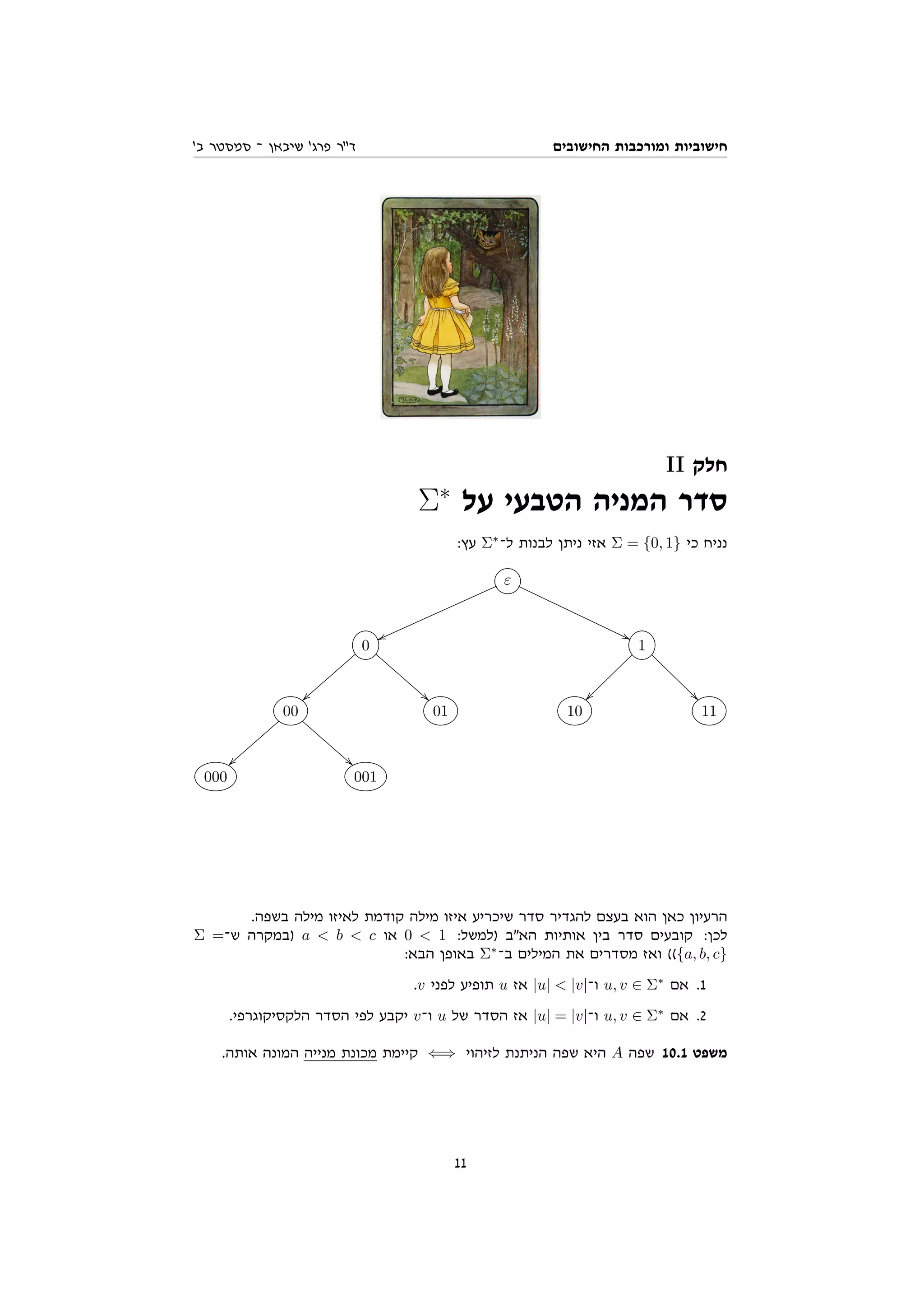 ‫החישובים‬ ‫ומורכבות‬ ‫חישוביות‬
'‫ב‬ ‫סמסטר‬ ‫־‬ ‫שיבאן‬ '‫פרג‬ ‫דר‬
II ‫חלק‬
Σ∗
‫על‬ ‫הטבעי‬ ‫המניה‬ ‫סדר‬
:‫עץ‬ Σ∗
‫ל־‬ ‫לבנות‬ ‫ניתן‬ ‫אזי‬ Σ = {0, 1} ‫כי‬ ‫נניח‬
ε
vv ''
0
!!
}}
1


00
!!
}}
01 10 11
000 001
.‫בשפה‬ ‫מילה‬ ‫לאיזו‬ ‫קודמת‬ ‫מילה‬ ‫איזו‬ ‫שיכריע‬ ‫סדר‬ ‫להגדיר‬ ‫בעצם‬ ‫הוא‬ ‫כאן‬ ‫הרעיון‬
Σ =‫ש־‬ ‫)במקרה‬ a  b  c ‫או‬ 0  1 :‫)למשל‬ ‫האב‬ ‫אותיות‬ ‫בין‬ ‫סדר‬ ‫קובעים‬ :‫לכן‬
:‫הבא‬ ‫באופן‬ Σ∗
‫ב־‬ ‫המילים‬ ‫את‬ ‫מסדרים‬ ‫ואז‬ (({a, b, c}
.v ‫לפני‬ ‫תופיע‬ u ‫אז‬ |u|  |v|‫ו־‬ u, v ∈ Σ∗
‫אם‬ .1
.‫הלקסיקוגרפי‬ ‫הסדר‬ ‫לפי‬ ‫יקבע‬ v‫ו־‬ u ‫של‬ ‫הסדר‬ ‫אז‬ |u| = |v|‫ו־‬ u, v ∈ Σ∗
‫אם‬ .2
.‫אותה‬ ‫המונה‬ ‫מנייה‬ ‫מכונת‬ ‫קיימת‬ ⇐⇒ ‫לזיהוי‬ ‫הניתנת‬ ‫שפה‬ ‫היא‬ A ‫שפה‬ 10.1 ‫משפט‬
11
 