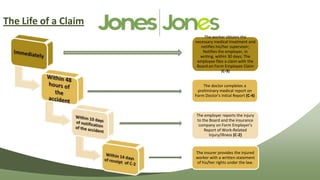 The Life of a Claim
                          The worker obtains the
                      necessary medical treatment and
                         notifies his/her supervisor;
                          Notifies the employer, in
                        writing, within 30 days; The
                       employee files a claim with the
                       Board on Form Employee Claim
                                     (C-3)


                          The doctor completes a
                       preliminary medical report on
                      Form Doctor's Initial Report (C-4)



                      The employer reports the injury
                      to the Board and the insurance
                       company on Form Employer's
                          Report of Work-Related
                             Injury/Illness (C-2)



                      The insurer provides the injured
                      worker with a written statement
                      of his/her rights under the law.
 