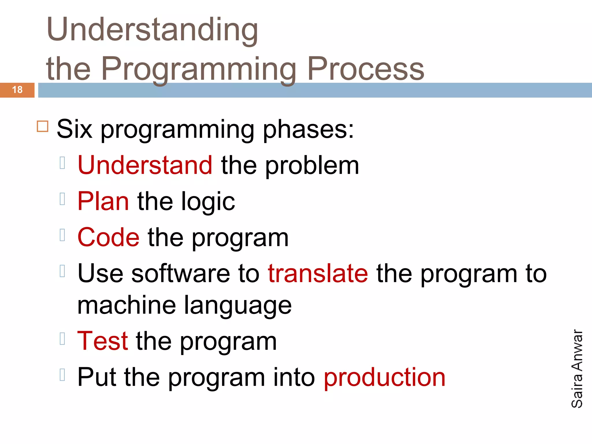 Understanding
18
     the Programming Process
        Six programming phases:
          Understand the problem
          Plan the logic
          Code the program
          Use software to translate the program to
           machine language
          Test the program
          Put the program into production
 