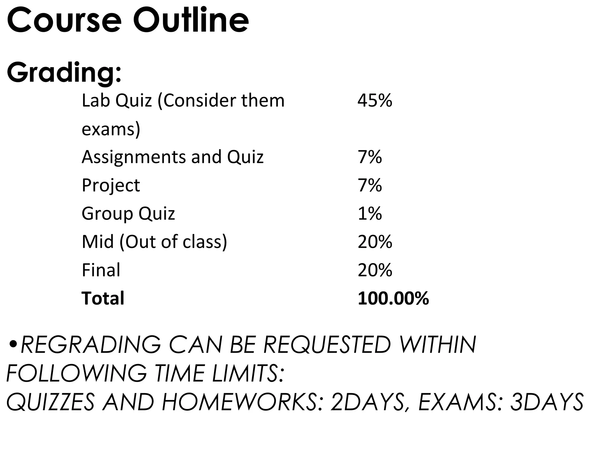 Course Outline
Grading:
     Lab Quiz (Consider them   45%
     exams)
     Assignments and Quiz      7%
     Project                   7%
     Group Quiz                1%
     Mid (Out of class)        20%
     Final                     20%
     Total                     100.00%

•REGRADING CAN BE REQUESTED WITHIN
FOLLOWING TIME LIMITS:
QUIZZES AND HOMEWORKS: 2DAYS, EXAMS: 3DAYS
 
