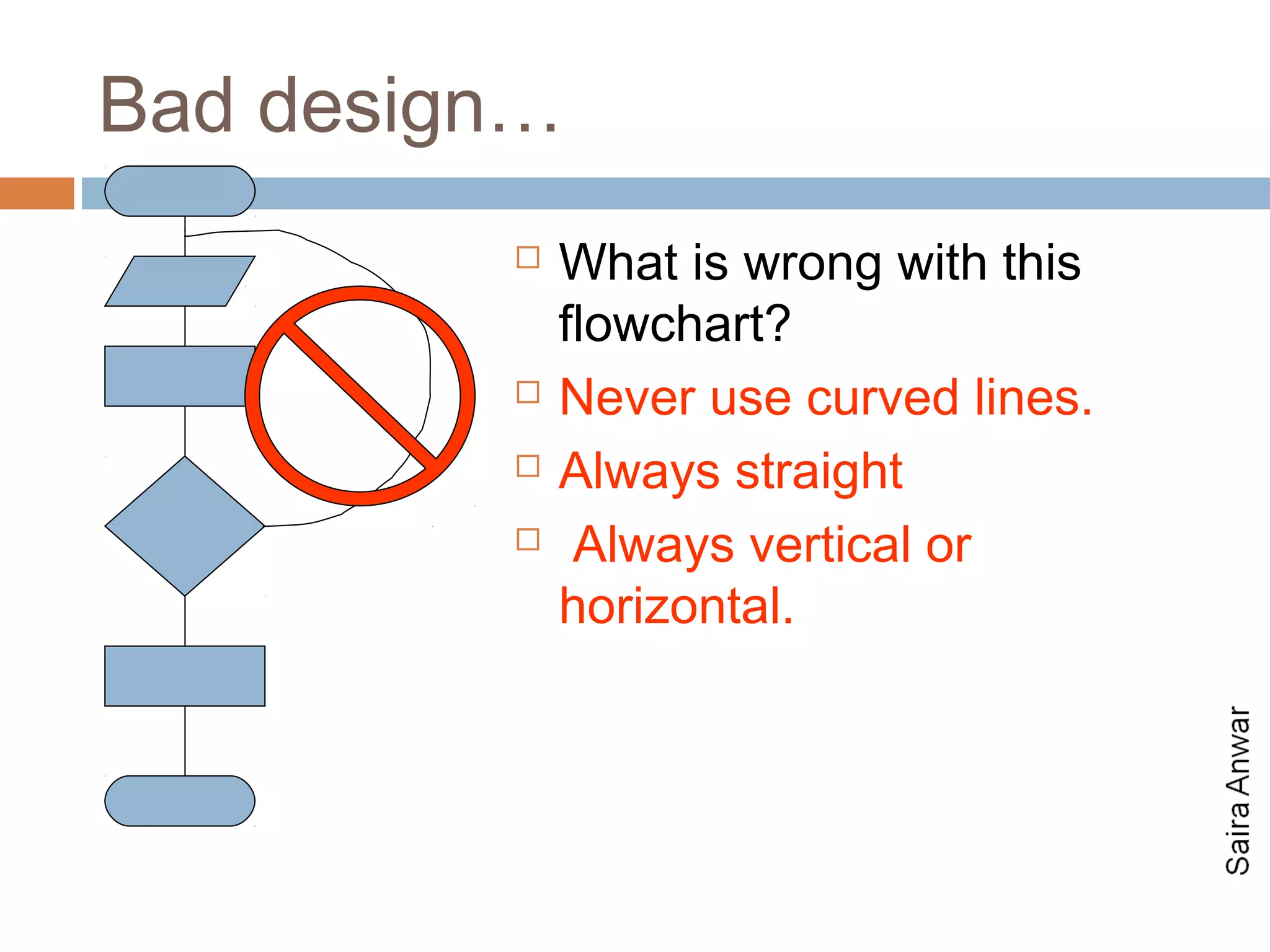 Bad design…
            What is wrong with this
             flowchart?
            Never use curved lines.
            Always straight
             Always vertical or
             horizontal.
 