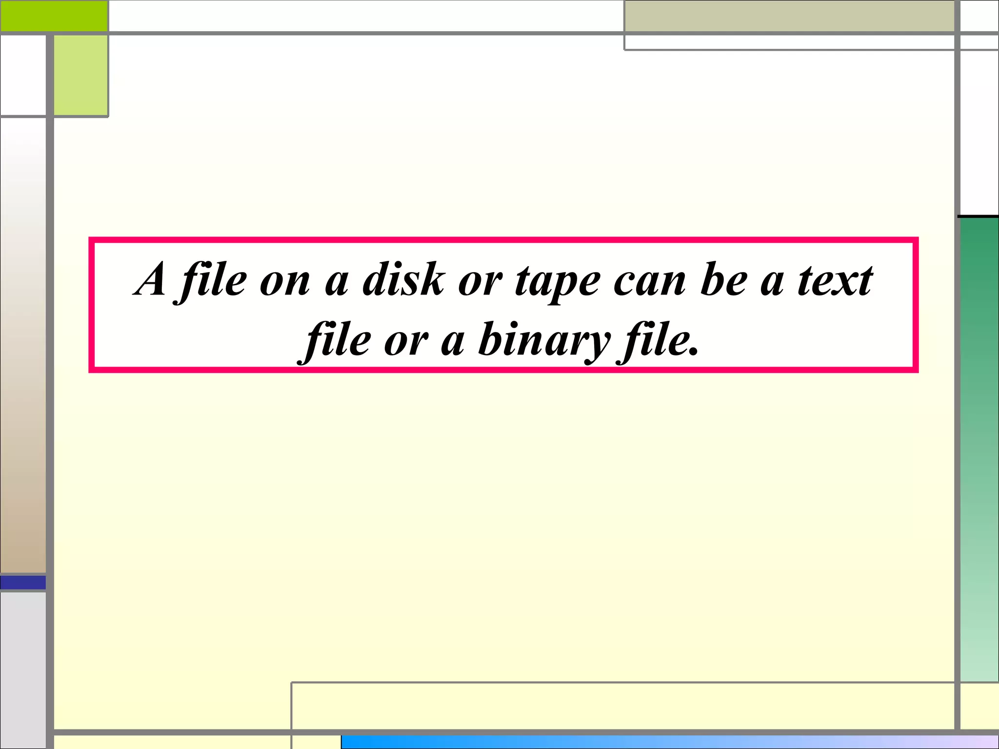 A file on a disk or tape can be a text
         file or a binary file.
 