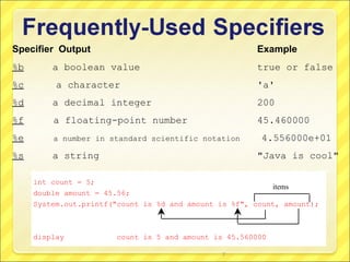 Specifier Output                                       Example
%b       a boolean value                               true or false
%c        a character                                  'a'
%d       a decimal integer                             200
%f       a floating-point number                       45.460000
%e       a number in standard scientific notation       4.556000e+01
%s       a string                                      "Java is cool"

     int count = 5;
                                                           items
     double amount = 45.56;
     System.out.printf("count is %d and amount is %f", count, amount);



     display           count is 5 and amount is 45.560000

                                               7
 