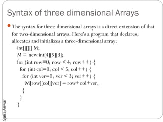 Syntax of three dimensional Arrays
The syntax for three dimensional arrays is a direct extension of that
  for two-dimensional arrays. Here's a program that declares,
  allocates and initializes a three-dimensional array:
      int[][][] M;
      M = new int[4][5][3];
      for (int row=0; row < 4; row++) {
        for (int col=0; col < 5; col++) {
          for (int ver=0; ver < 3; ver++) {
            M[row][col][ver] = row+col+ver;
          }
        }
      }
      
 