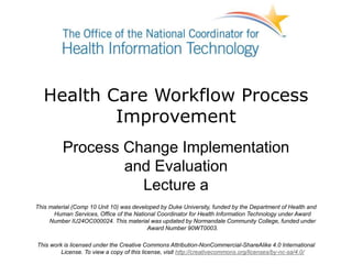 Health Care Workflow Process
Improvement
Process Change Implementation
and Evaluation
Lecture a
This material (Comp 10 Unit 10) was developed by Duke University, funded by the Department of Health and
Human Services, Office of the National Coordinator for Health Information Technology under Award
Number IU24OC000024. This material was updated by Normandale Community College, funded under
Award Number 90WT0003.
This work is licensed under the Creative Commons Attribution-NonCommercial-ShareAlike 4.0 International
License. To view a copy of this license, visit http://creativecommons.org/licenses/by-nc-sa/4.0/
 