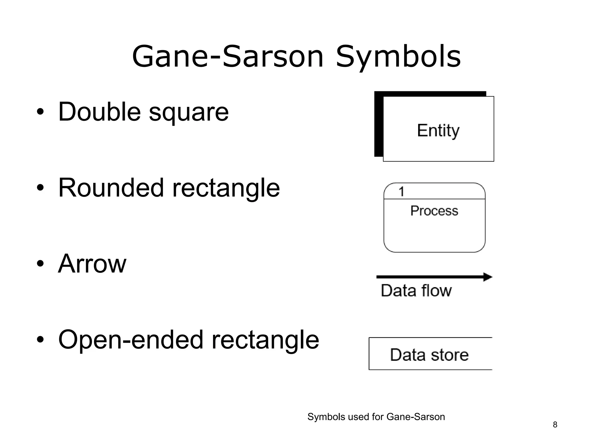 Gane-Sarson Symbols
• Double square
• Rounded rectangle
• Arrow
• Open-ended rectangle
Symbols used for Gane-Sarson
8
 
