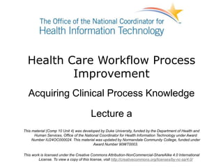 Health Care Workflow Process
Improvement
Acquiring Clinical Process Knowledge
Lecture a
This material (Comp 10 Unit 4) was developed by Duke University, funded by the Department of Health and
Human Services, Office of the National Coordinator for Health Information Technology under Award
Number IU24OC000024. This material was updated by Normandale Community College, funded under
Award Number 90WT0003.
This work is licensed under the Creative Commons Attribution-NonCommercial-ShareAlike 4.0 International
License. To view a copy of this license, visit http://creativecommons.org/licenses/by-nc-sa/4.0/
 