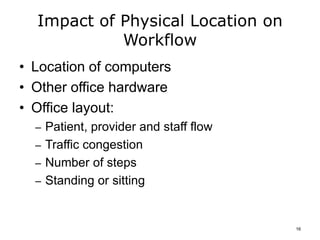 Impact of Physical Location on
Workflow
• Location of computers
• Other office hardware
• Office layout:
– Patient, provider and staff flow
– Traffic congestion
– Number of steps
– Standing or sitting
16
 