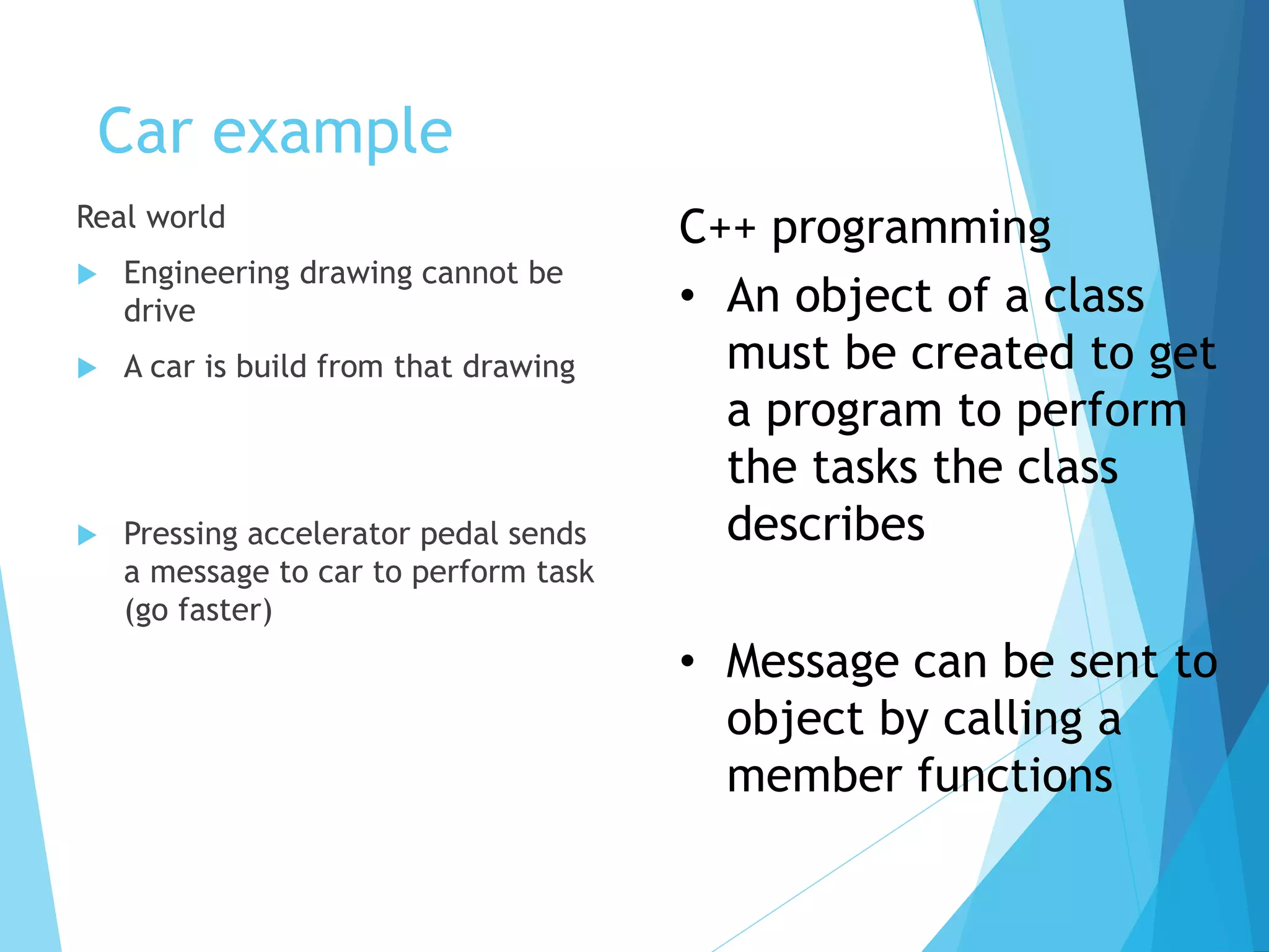 Car example
Real world
 Engineering drawing cannot be
drive
 A car is build from that drawing
 Pressing accelerator pedal sends
a message to car to perform task
(go faster)
C++ programming
• An object of a class
must be created to get
a program to perform
the tasks the class
describes
• Message can be sent to
object by calling a
member functions
 