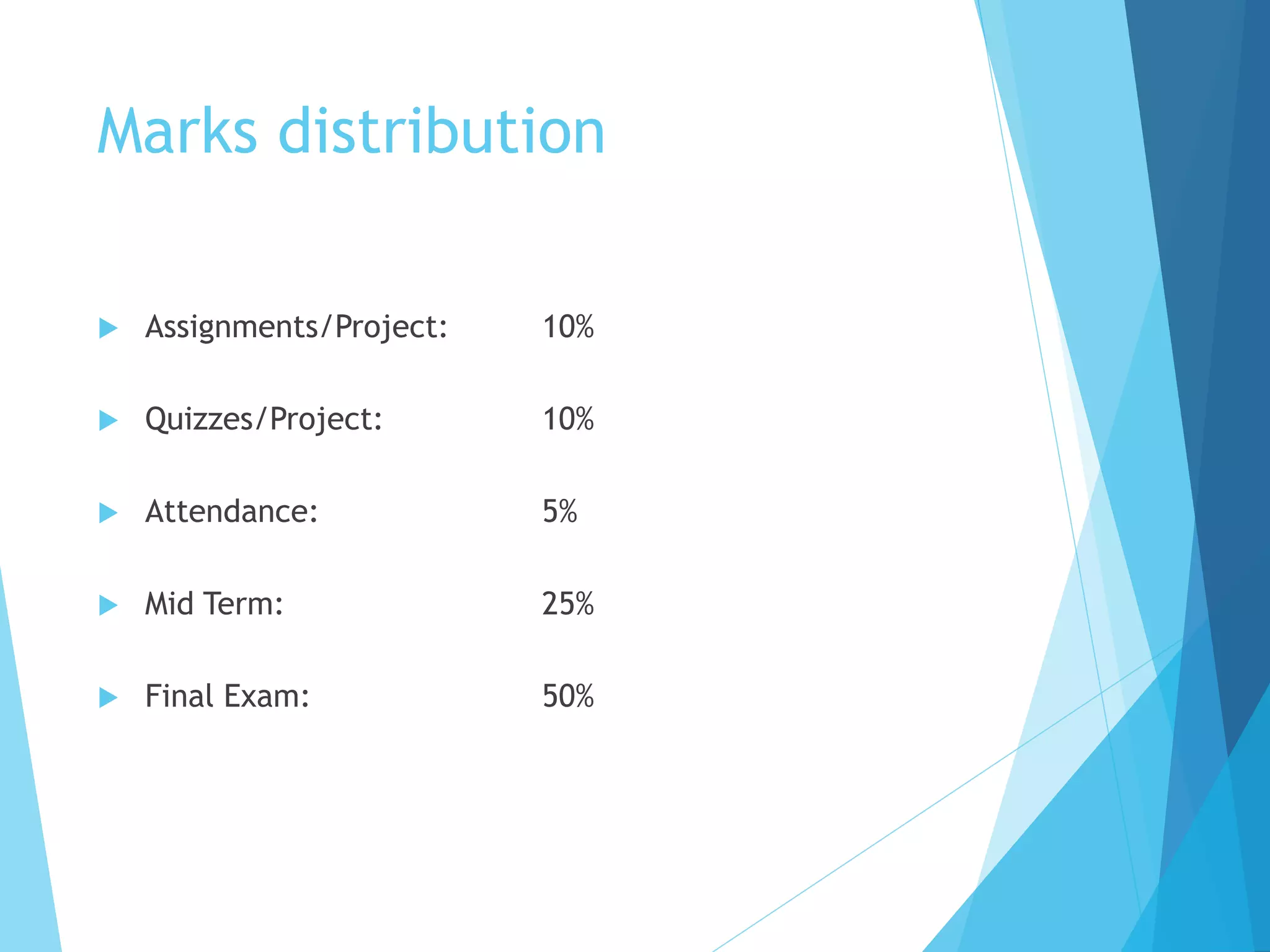 Marks distribution
 Assignments/Project: 10%
 Quizzes/Project: 10%
 Attendance: 5%
 Mid Term: 25%
 Final Exam: 50%
 