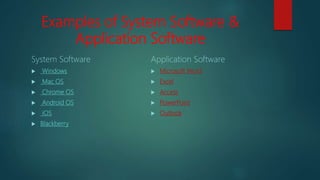 Examples of System Software &
Application Software
System Software
 Windows
 Mac OS
 Chrome OS
 Android OS
 iOS
 Blackberry
Application Software
 Microsoft Word
 Excel
 Access
 PowerPoint
 Outlook
 