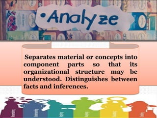 Separates material or concepts into
component parts so that its
organizational structure may be
understood. Distinguishes between
facts and inferences.
 