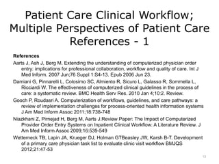 Patient Care Clinical Workflow;
Multiple Perspectives of Patient Care
References - 1
References
Aarts J, Ash J, Berg M. Extending the understanding of computerized physician order
entry: implications for professional collaboration, workflow and quality of care. Int J
Med Inform. 2007 Jun;76 Suppl 1:S4-13. Epub 2006 Jun 23.
Damiani G, Pinnarelli L, Colosimo SC, Almiento R, Sicuro L, Galasso R, Sommella L,
Ricciardi W. The effectiveness of computerized clinical guidelines in the process of
care: a systematic review. BMC Health Serv Res. 2010 Jan 4;10:2. Review.
Gooch P, Roudasri A. Computerization of workflows, guidelines, and care pathways: a
review of implementation challenges for process-oriented health information systems
J Am Med Inform Assoc 2011;18:738-748
Niazkhani Z, Pirnejad H, Berg M, Aarts J.Review Paper: The Impact of Computerized
Provider Order Entry Systems on Inpatient Clinical Workflow: A Literature Review. J
Am Med Inform Assoc 2009;16:539-549
Wetterneck TB, Lapin JA, Krueger DJ, Holman GTBeasley JW, Karsh B-T. Development
of a primary care physician task list to evaluate clinic visit workflow BMJQS
2012;21:47-53
13
 