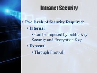 Z
Intranet Security
• Two levels of Security Required:
• Internal
• Can be imposed by public Key
Security and Encryption Key.
• External
• Through Firewall.
 