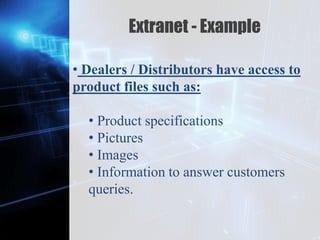 Z
Extranet - Example
• Dealers / Distributors have access to
product files such as:
• Product specifications
• Pictures
• Images
• Information to answer customers
queries.
 