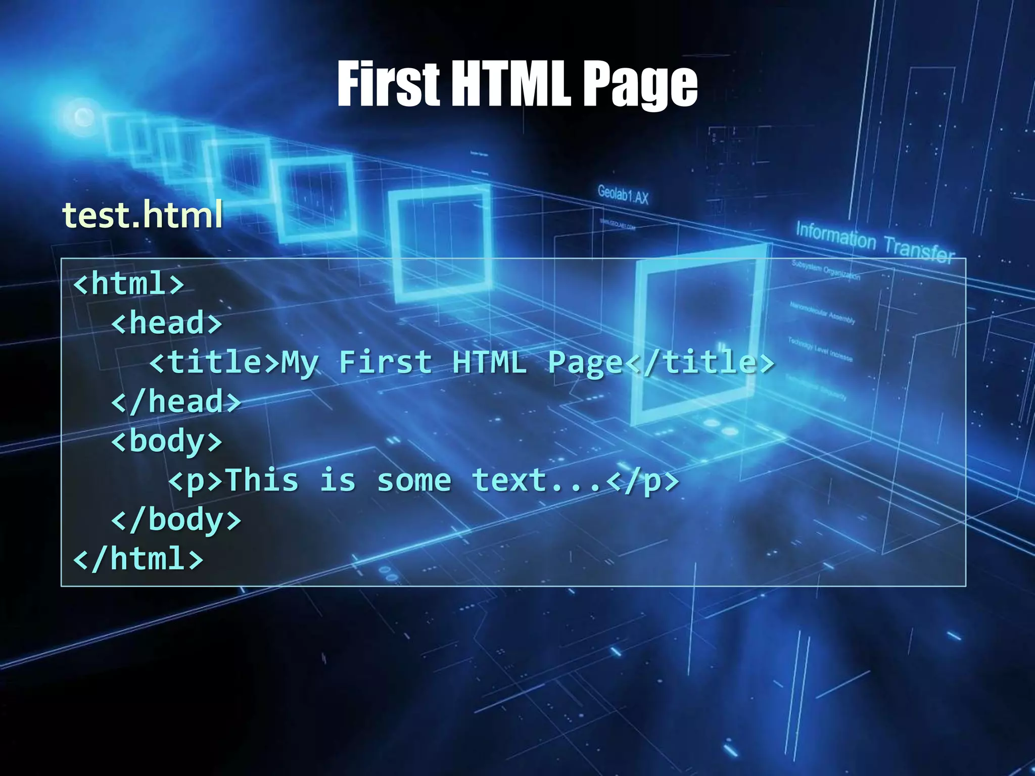 <html>
<head>
<title>My First HTML Page</title>
</head>
<body>
<p>This is some text...</p>
</body>
</html>
test.html
First HTML Page
 