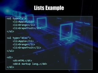 Lists Example
<ol type="1">
<li>Apple</li>
<li>Orange</li>
<li>Grapefruit</li>
</ol>
<ul type="disc">
<li>Apple</li>
<li>Orange</li>
<li>Grapefruit</li>
</ul>
<dl>
<dt>HTML</dt>
<dd>A markup lang…</dd>
</dl>
 