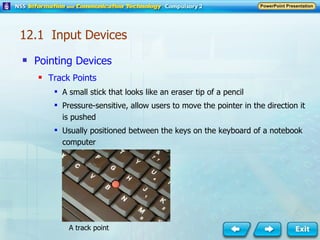 Pointing Devices   Track Points A small stick that looks like an eraser tip of a pencil Pressure-sensitive, allow users to move the pointer in the direction it is pushed Usually positioned between the keys on the keyboard of a notebook computer A track point 12.1  Input Devices 