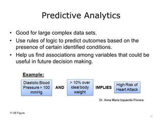 Predictive Analytics
• Good for large complex data sets.
• Use rules of logic to predict outcomes based on the
presence of certain identified conditions.
• Help us find associations among variables that could be
useful in future decision making.
11.06 Figure.
13
 