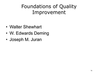 Foundations of Quality
Improvement
• Walter Shewhart
• W. Edwards Deming
• Joseph M. Juran
10
 