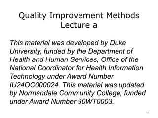 Quality Improvement Methods
Lecture a
This material was developed by Duke
University, funded by the Department of
Health and Human Services, Office of the
National Coordinator for Health Information
Technology under Award Number
IU24OC000024. This material was updated
by Normandale Community College, funded
under Award Number 90WT0003.
14
 