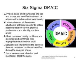 Six Sigma DMAIC
D. Project goals and boundaries are set,
and issues are identified that must be
addressed to achieve improved quality
M. Information about the current
situation is gathered in order to obtain
baseline data on current process
performance and identify problem
areas
A. Root causes of quality problems are
identified and confirmed with
appropriate data analysis tools
I. Solutions are implemented to address
the root causes of problems identified
during the analysis phase
C. Improvements are elevated and
monitored. Hold the gains. http://www.orielstat.com/lean-six-sigma/six-
sigma-dmaic/overview 16
 