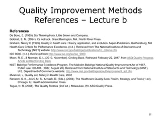 Quality Improvement Methods
References – Lecture b
References
De Bono, E. (1985). Six Thinking Hats. Little Brown and Company .
Goldratt, E. M. (1994). It’s not luck. Great Barrington, MA.: North River Press.
Graham, Nancy O (1995). Quality in health care : theory, application, and evolution. Aspen Publishers, Gaithersburg, Md
Health Care Criteria for Performance Excellence. (n.d.). Retrieved from The National Institute of Standards and
Technology (NIST) website: http://www.nist.gov/baldrige/publications/hc_criteria.cfm
ISO 9000. (n.d.). Retrieved from http://www.iso.org/iso/iso_9000
Moen, R. D., & Norman, C. L. (2010, November). Circling Back. Retrieved February 22, 2017, from ASQ Quality Progress
Article entitled Circling Back
NIST, Baldrige Performance Excellence Program, The Malcolm Baldrige National Quality Improvement Act of 1987,
Public Law 100-107. (1987, August 20). Retrieved from National Institute of Standards and Technology (NIST),
U.S. Department of Commerce website: http://www.nist.gov/baldrige/about/improvement_act.cfm
Øvretveit, J, Quality and Safety in Health Care, 2002
Ransom, S. B., Joshi, M. S., & Nash, D. (Eds.). (2004). The Healthcare Quality Book: Vision, Strategy, and Tools (1 ed).
Chicago, IL: Health Administration Press.
Tague, N. R. (2004). The Quality Toolbox (2nd ed.). Milwaukee, WI: ASQ Quality Press.
27
 