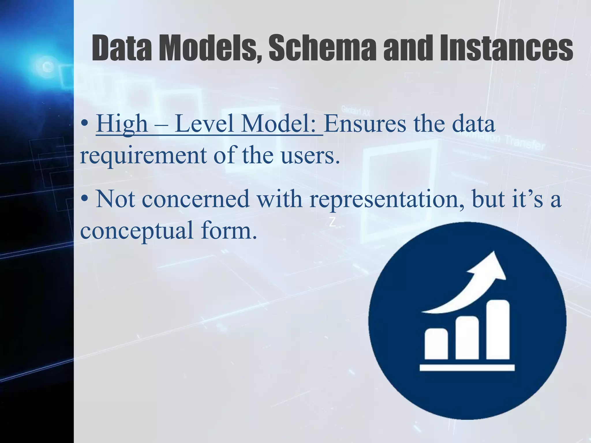 Z
Data Models, Schema and Instances
• High – Level Model: Ensures the data
requirement of the users.
• Not concerned with representation, but it’s a
conceptual form.
 