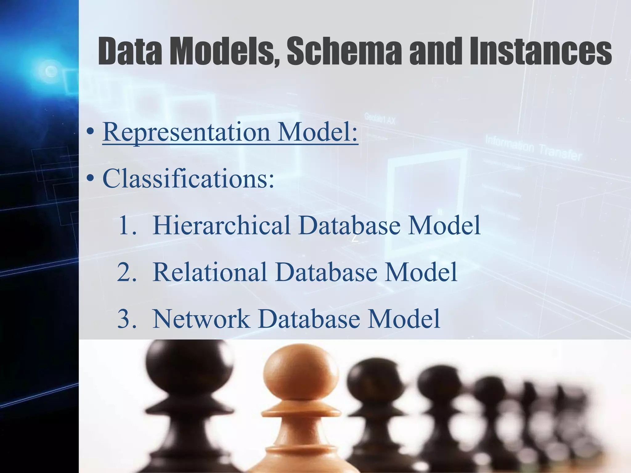 Z
Data Models, Schema and Instances
• Representation Model:
• Classifications:
1. Hierarchical Database Model
2. Relational Database Model
3. Network Database Model
 