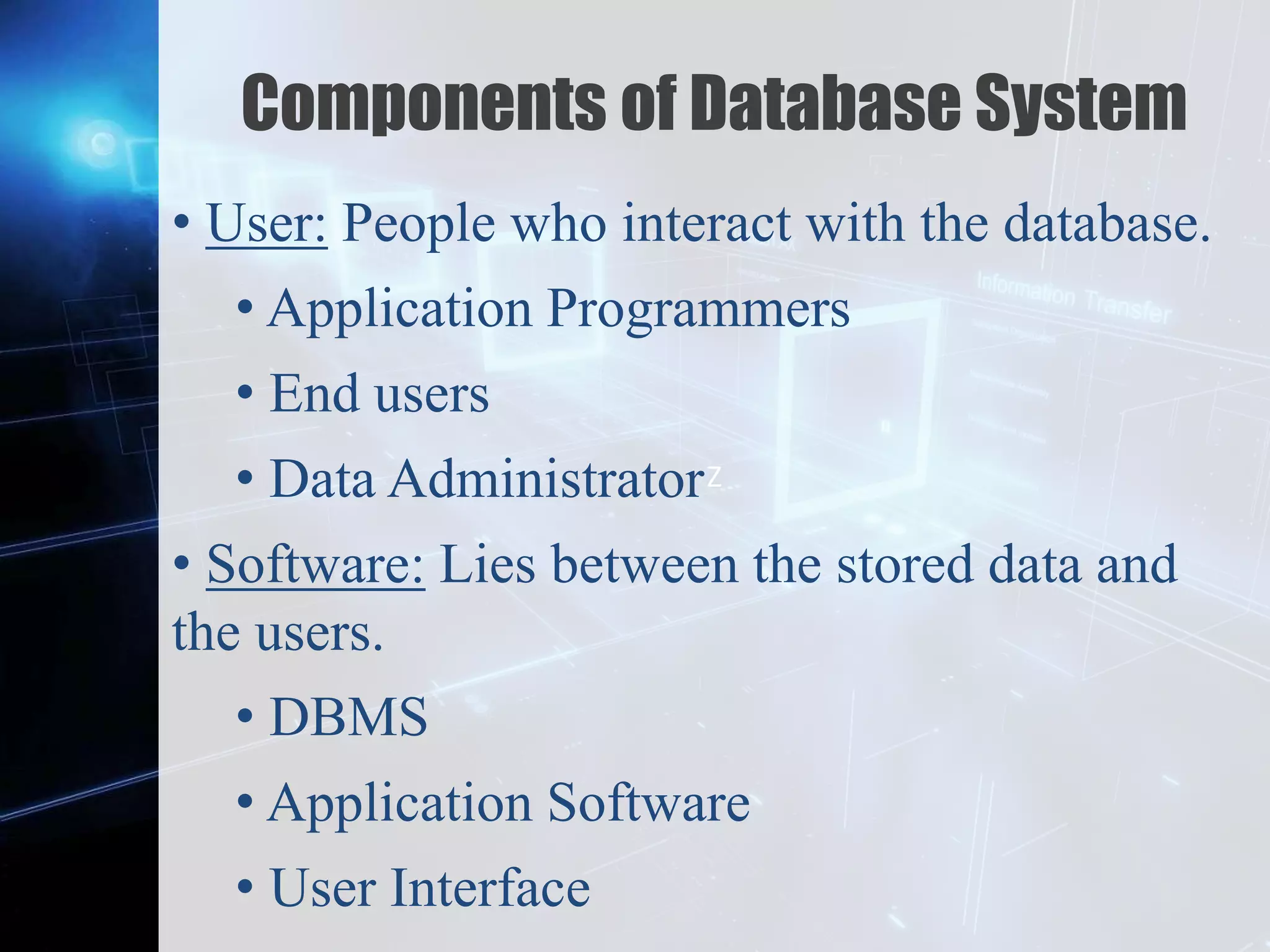 Z
Components of Database System
• User: People who interact with the database.
• Application Programmers
• End users
• Data Administrator
• Software: Lies between the stored data and
the users.
• DBMS
• Application Software
• User Interface
 