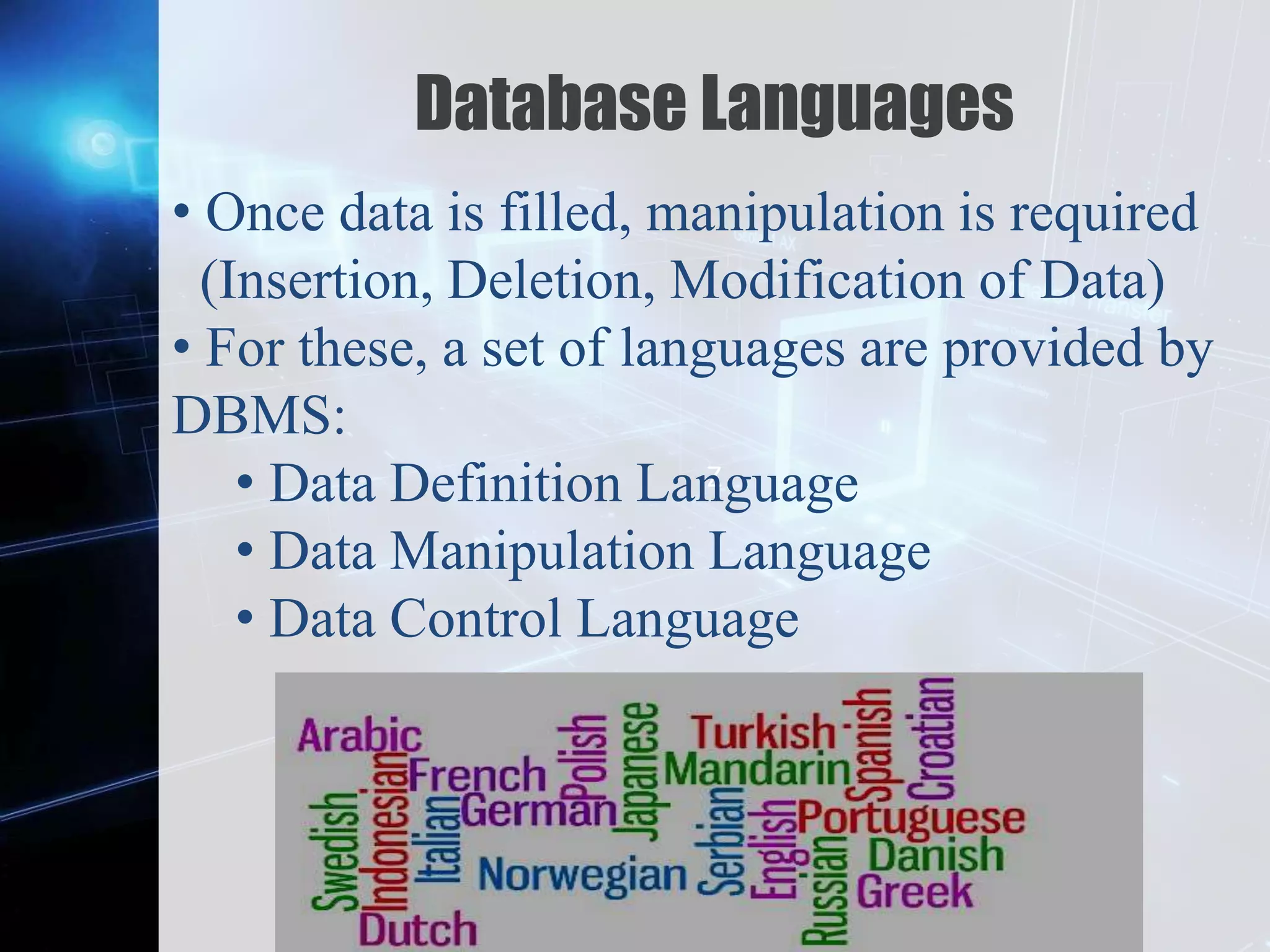 Z
Database Languages
• Once data is filled, manipulation is required
(Insertion, Deletion, Modification of Data)
• For these, a set of languages are provided by
DBMS:
• Data Definition Language
• Data Manipulation Language
• Data Control Language
 