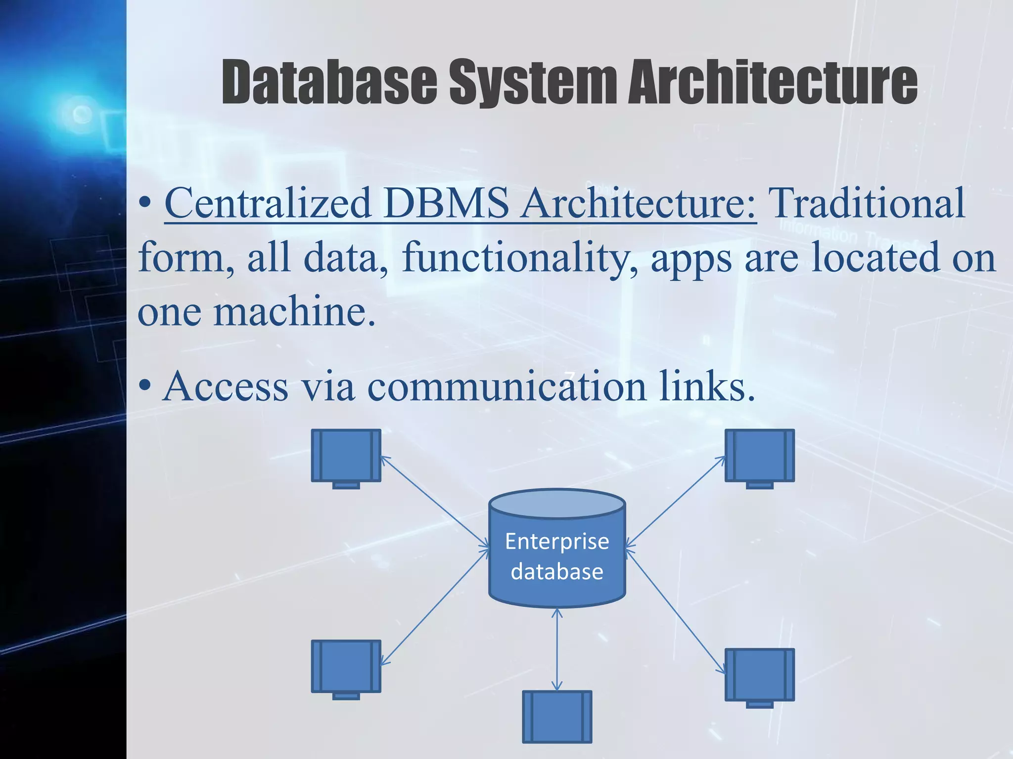 Z
Database System Architecture
• Centralized DBMS Architecture: Traditional
form, all data, functionality, apps are located on
one machine.
• Access via communication links.
Enterprise
database
 