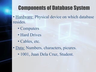 Z
Components of Database System
• Hardware: Physical device on which database
resides.
• Computers
• Hard Drives
• Cables, etc.
• Data: Numbers, characters, picures.
• 1001, Juan Dela Cruz, Student.
 