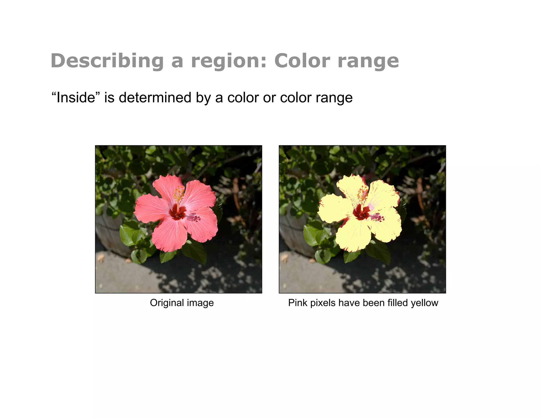 Describing a region: Color range
“Inside” is determined by a color or color range
Original image Pink pixels have been filled yellow
 