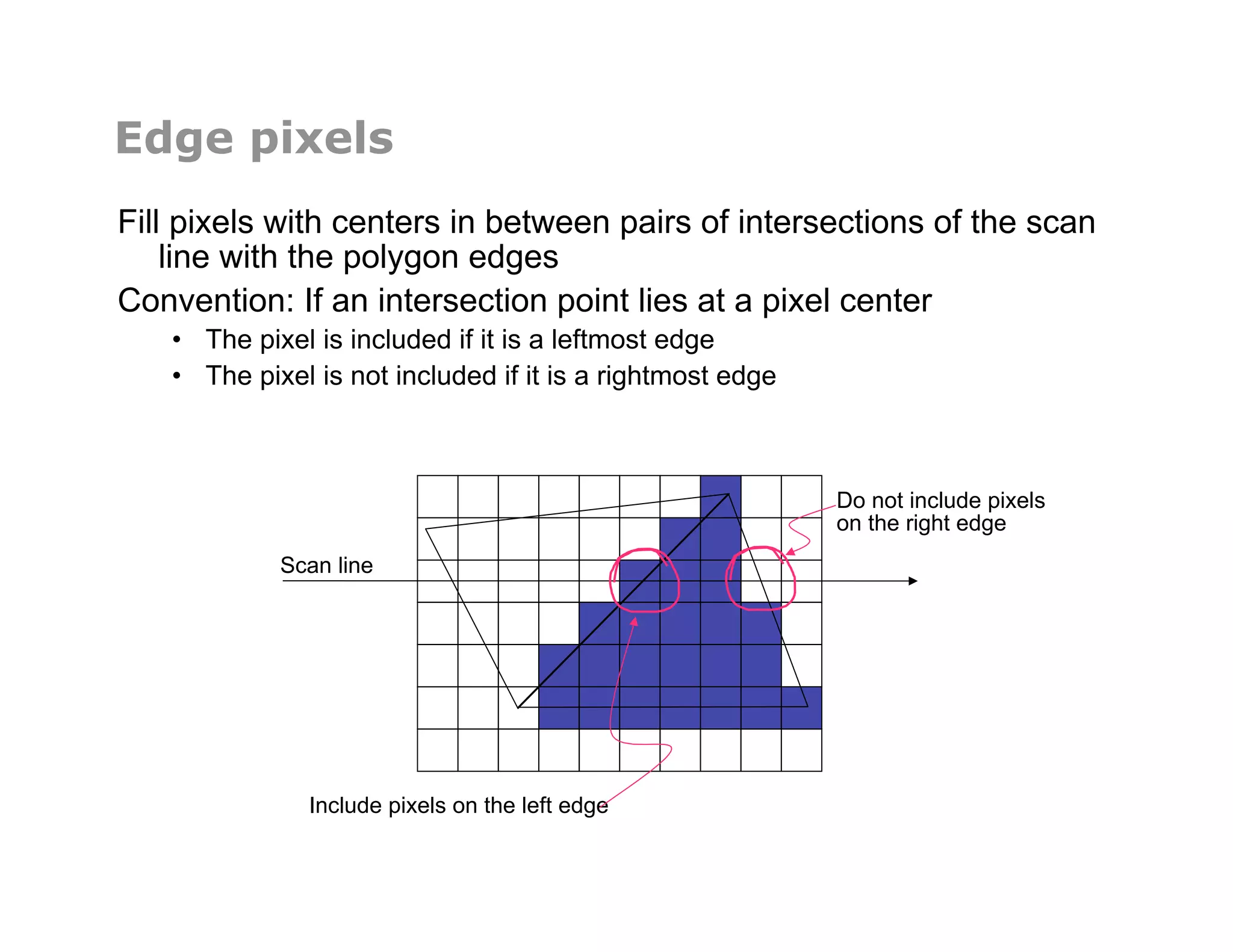 Edge pixels
Fill pixels with centers in between pairs of intersections of the scan
line with the polygon edges
Convention: If an intersection point lies at a pixel center
•  The pixel is included if it is a leftmost edge
•  The pixel is not included if it is a rightmost edge
Do not include pixels
on the right edge
Include pixels on the left edge
Scan line
 