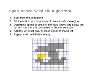 Span-Based Seed Fill Algorithm
1.  Start from the seed point
2.  Fill the entire horizontal span of pixels inside the region
3.  Determine spans of pixels in the rows above and below the
current row that are connected to the current span
4.  Add the left-most pixel of these spans to the fill list
5.  Repeat until the fill list is empty
 