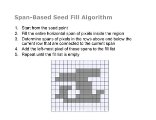 Span-Based Seed Fill Algorithm
1.  Start from the seed point
2.  Fill the entire horizontal span of pixels inside the region
3.  Determine spans of pixels in the rows above and below the
current row that are connected to the current span
4.  Add the left-most pixel of these spans to the fill list
5.  Repeat until the fill list is empty
 