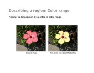 Describing a region: Color range
“Inside” is determined by a color or color range
Original image Pink pixels have been filled yellow
 