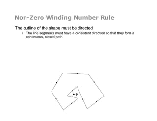Non-Zero Winding Number Rule
The outline of the shape must be directed
•  The line segments must have a consistent direction so that they form a
continuous, closed path
P
 