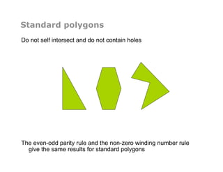 Standard polygons
Do not self intersect and do not contain holes
The even-odd parity rule and the non-zero winding number rule
give the same results for standard polygons
 
