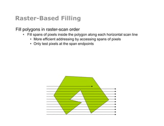 Raster-Based Filling
Fill polygons in raster-scan order
•  Fill spans of pixels inside the polygon along each horizontal scan line
•  More efficient addressing by accessing spans of pixels
•  Only test pixels at the span endpoints
 