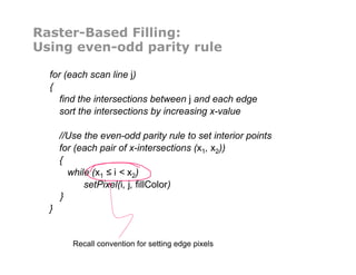 Raster-Based Filling:
Using even-odd parity rule
for (each scan line j)
{
find the intersections between j and each edge
sort the intersections by increasing x-value
//Use the even-odd parity rule to set interior points
for (each pair of x-intersections (x1, x2))
{
while (x1 ≤ i < x2)
setPixel(i, j, fillColor)
}
}
Recall convention for setting edge pixels
 
