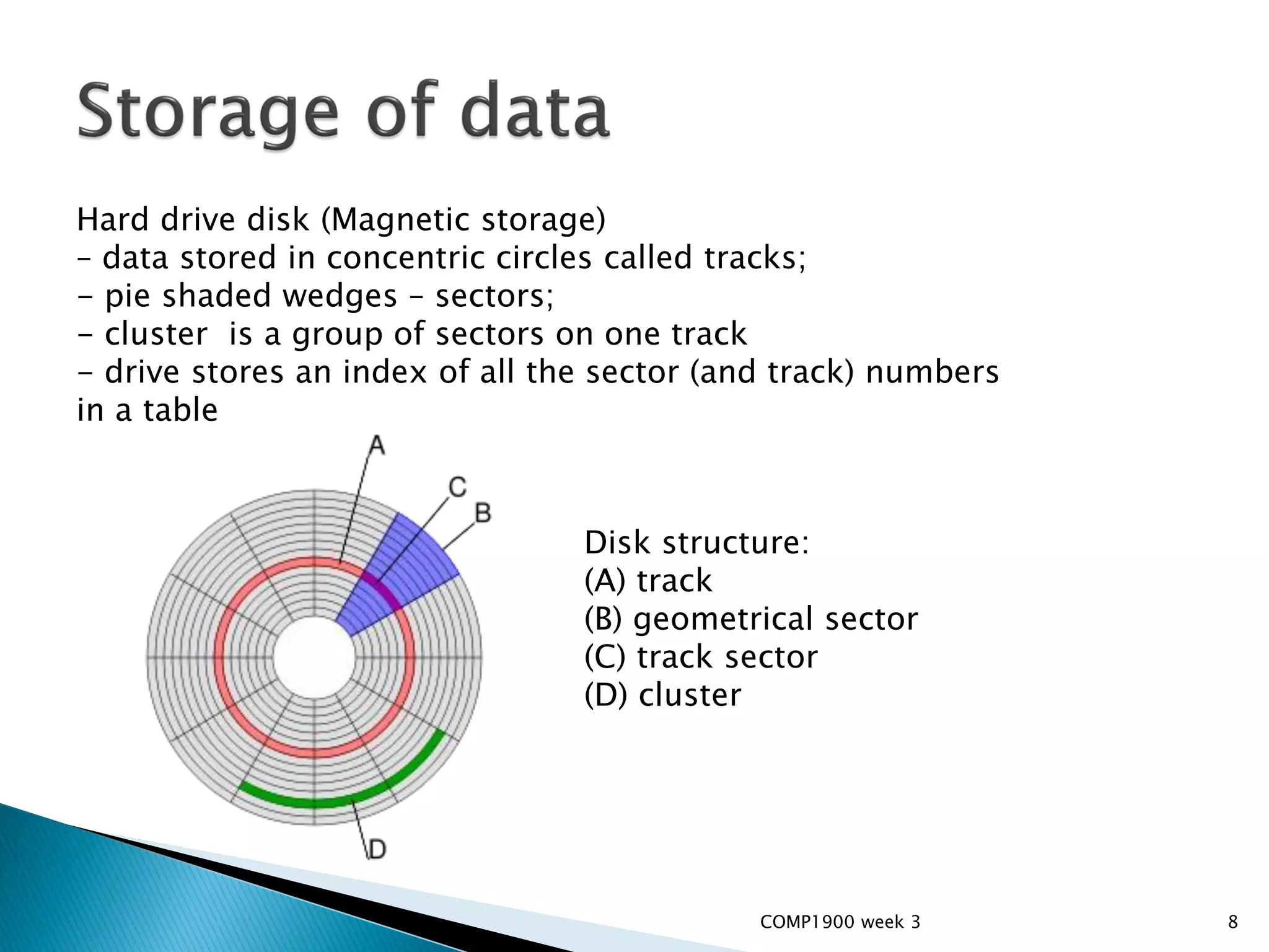 Hard drive disk (Magnetic storage)
– data stored in concentric circles called tracks;
- pie shaded wedges – sectors;
- cluster is a group of sectors on one track
- drive stores an index of all the sector (and track) numbers
in a table



                                 Disk structure:
                                 (A) track
                                 (B) geometrical sector
                                 (C) track sector
                                 (D) cluster




                                             COMP1900 week 3    8
 