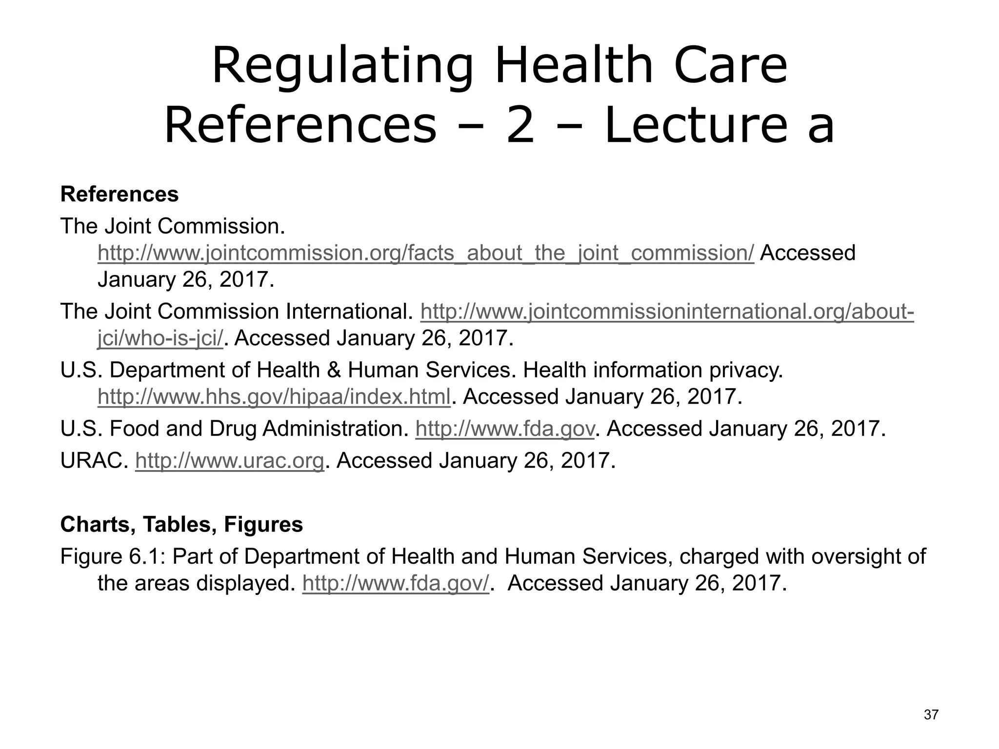 Regulating Health Care
References – 2 – Lecture a
References
The Joint Commission.
http://www.jointcommission.org/facts_about_the_joint_commission/ Accessed
January 26, 2017.
The Joint Commission International. http://www.jointcommissioninternational.org/about-
jci/who-is-jci/. Accessed January 26, 2017.
U.S. Department of Health & Human Services. Health information privacy.
http://www.hhs.gov/hipaa/index.html. Accessed January 26, 2017.
U.S. Food and Drug Administration. http://www.fda.gov. Accessed January 26, 2017.
URAC. http://www.urac.org. Accessed January 26, 2017.
Charts, Tables, Figures
Figure 6.1: Part of Department of Health and Human Services, charged with oversight of
the areas displayed. http://www.fda.gov/. Accessed January 26, 2017.
37
 