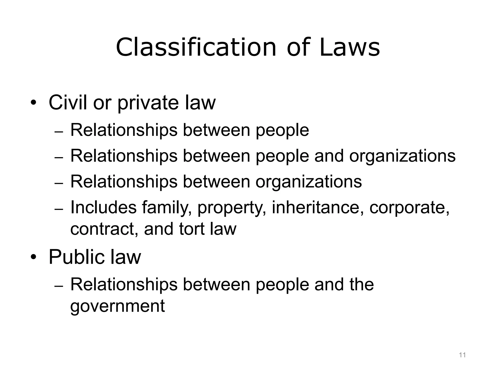 Classification of Laws
• Civil or private law
– Relationships between people
– Relationships between people and organizations
– Relationships between organizations
– Includes family, property, inheritance, corporate,
contract, and tort law
• Public law
– Relationships between people and the
government
11
 