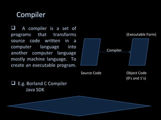  A compiler is a set of
programs that transforms                                  (Executable Form)
source code written in a
computer     language     into
                                               Compiler
another computer language
mostly machine language. To
create an executable program.
                                 Source Code              Object Code
                                                          (0’s and 1’s)
 E.g. Borland C Compiler
       Java SDK
 