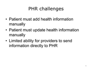 PHR challenges
• Patient must add health information
manually
• Patient must update health information
manually
• Limited ability for providers to send
information directly to PHR
10
 