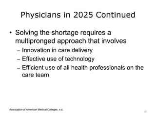 Physicians in 2025 Continued
• Solving the shortage requires a
multipronged approach that involves
– Innovation in care delivery
– Effective use of technology
– Efficient use of all health professionals on the
care team
Association of American Medical Colleges, n.d.
20
 