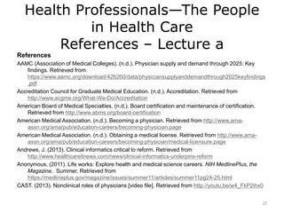 Health Professionals—The People
in Health Care
References – Lecture a
References
AAMC (Association of Medical Colleges). (n.d.). Physician supply and demand through 2025: Key
findings. Retrieved from
https://www.aamc.org/download/426260/data/physiciansupplyanddemandthrough2025keyfindings
.pdf
Accreditation Council for Graduate Medical Education. (n.d.). Accreditation. Retrieved from
http://www.acgme.org/What-We-Do/Accreditation
American Board of Medical Specialties. (n.d.). Board certification and maintenance of certification.
Retrieved from http://www.abms.org/board-certification
American Medical Association. (n.d.). Becoming a physician. Retrieved from http://www.ama-
assn.org/ama/pub/education-careers/becoming-physician.page
American Medical Association. (n.d.). Obtaining a medical license. Retrieved from http://www.ama-
assn.org/ama/pub/education-careers/becoming-physician/medical-licensure.page
Andrews, J. (2013). Clinical informatics critical to reform. Retrieved from
http://www.healthcareitnews.com/news/clinical-informatics-underpins-reform
Anonymous. (2011). Life works: Explore health and medical science careers. NIH MedlinePlus, the
Magazine. Summer. Retrieved from
https://medlineplus.gov/magazine/issues/summer11/articles/summer11pg24-25.html
CAST. (2013). Nonclinical roles of physicians [video file]. Retrieved from http://youtu.be/w4_FkP2ihx0
22
 